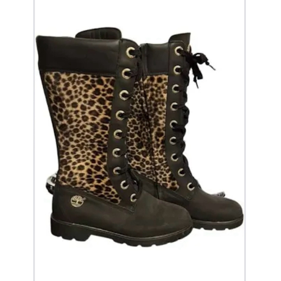 Timberland Women’s Brown Leopard Tall Boots Size 6.5 (youth4.5) - Picture 1 of 8